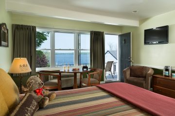 bed with lake view